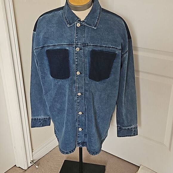 RW&CO. Men's Denim Button-Down Oversized Jean Shirt XL Dark Blue Washed - Picture 2 of 16